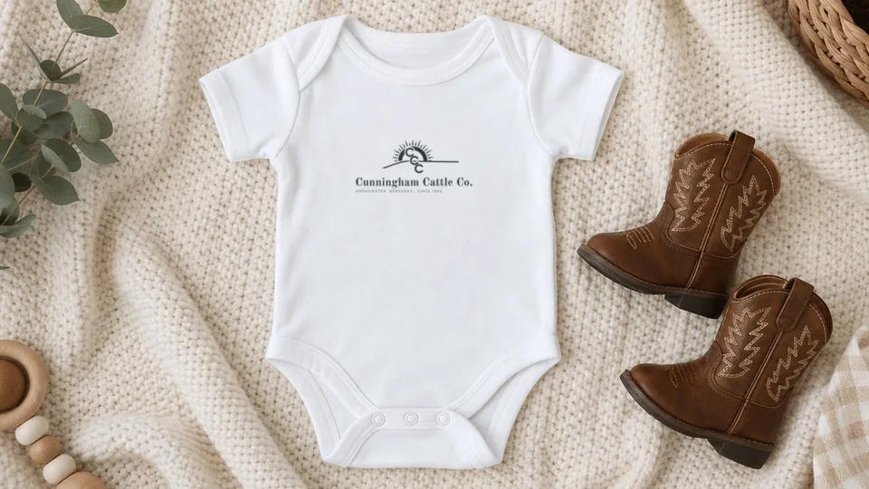 White baby bodysuit with the Cunningham Cattle Co. logo
