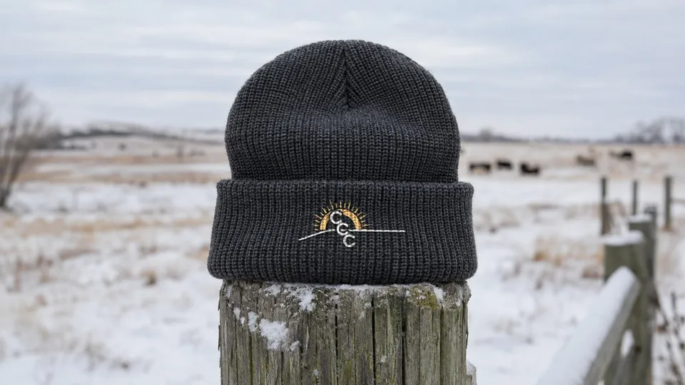 Charcoal cuffed beanie with the CCC sunrise logo on a snowy fence post