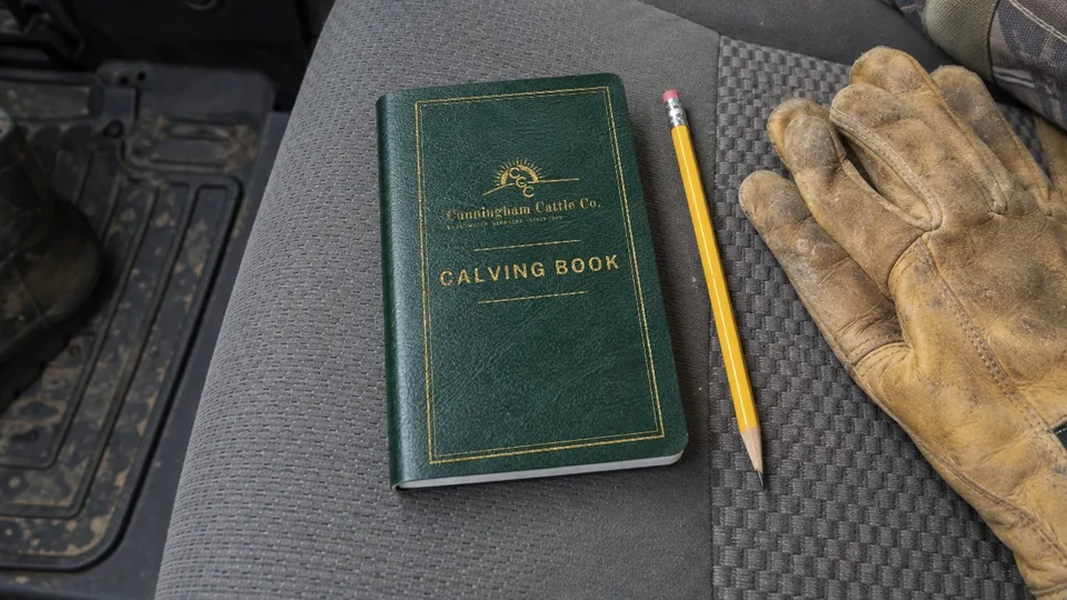 Green pocket calving book stamped Calving Book in gold
