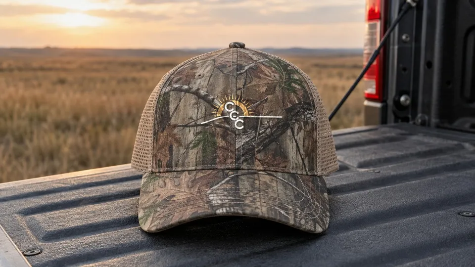 Camo trucker cap with the CCC sunrise logo on a pickup tailgate