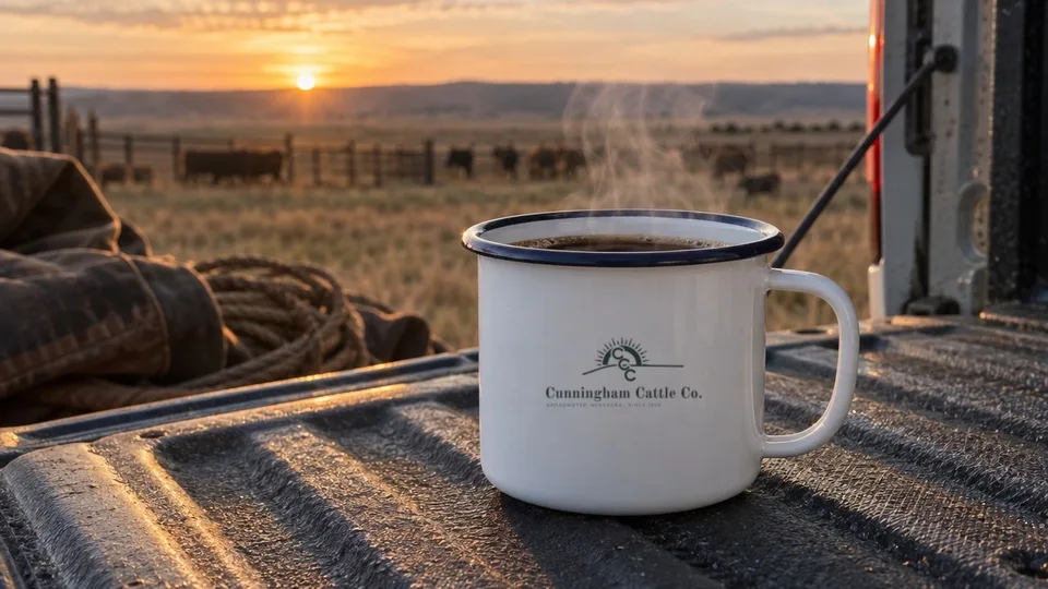 White enamel camp mug with the Cunningham Cattle Co. logo on a tailgate at sunrise