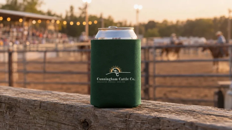 Dark green can cooler with the Cunningham Cattle Co. logo