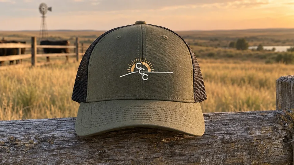 Embroidered trucker cap in loden green with black mesh and the CCC sunrise logo