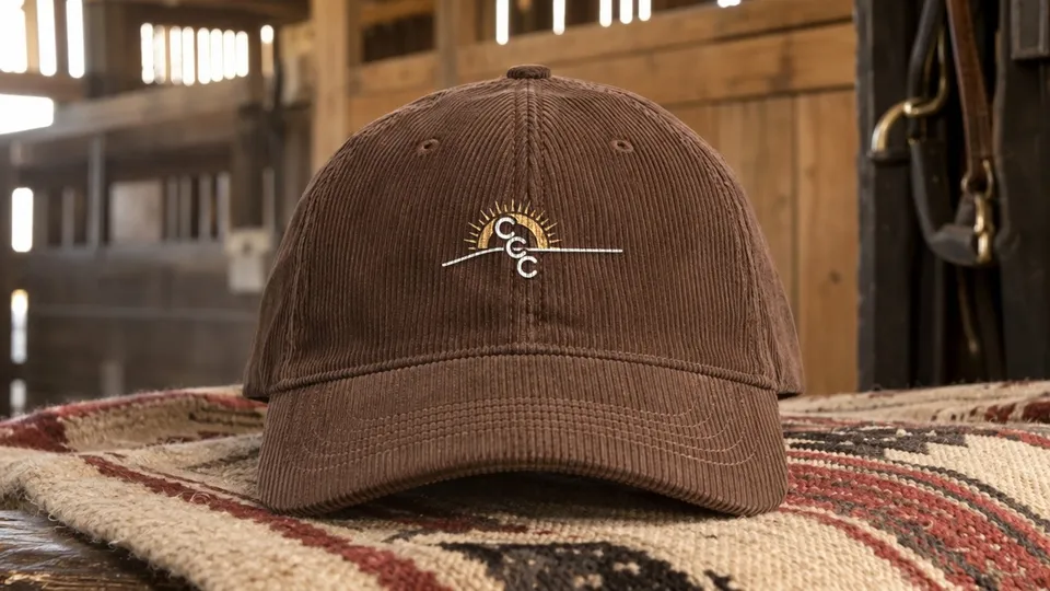 Brown corduroy cap with the CCC sunrise logo