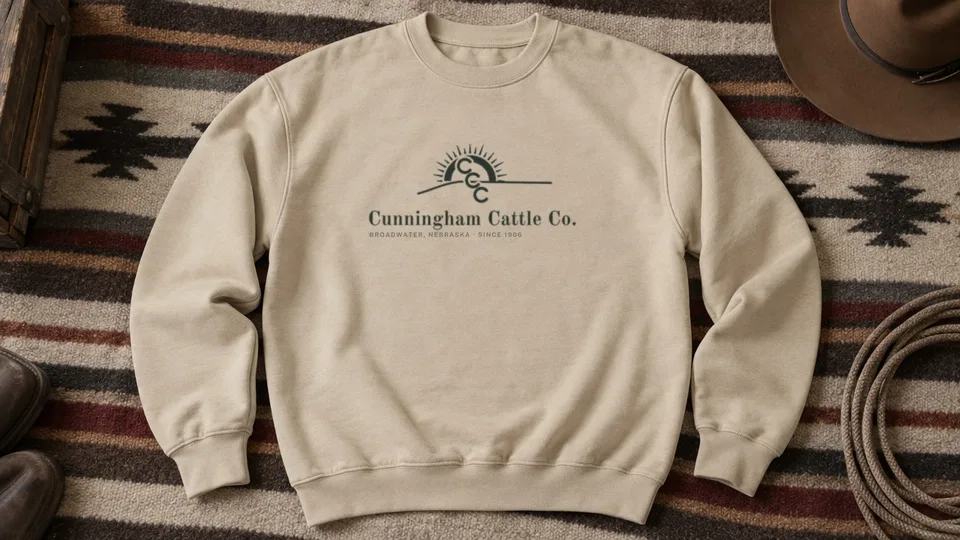 Sand crewneck sweatshirt with the Cunningham Cattle Co. logo