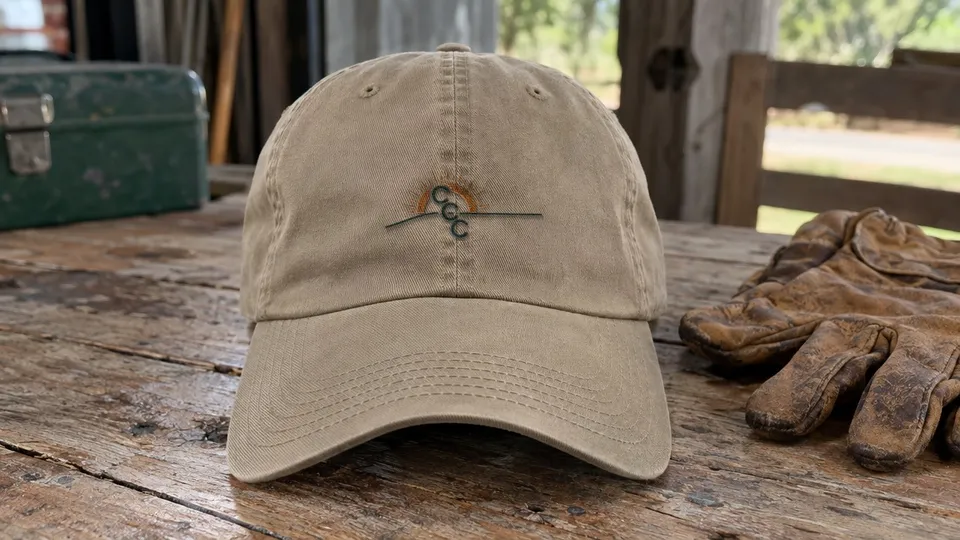 Khaki dad hat with a saddle-brown CCC sunrise logo