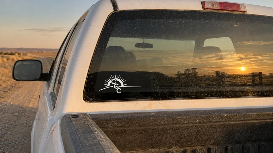 White CCC sunrise decal on a pickup's rear window