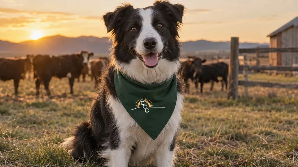 Border collie wearing a green bandana with the CCC sunrise logo