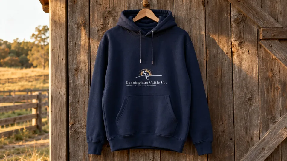 Navy hoodie with the Cunningham Cattle Co. logo