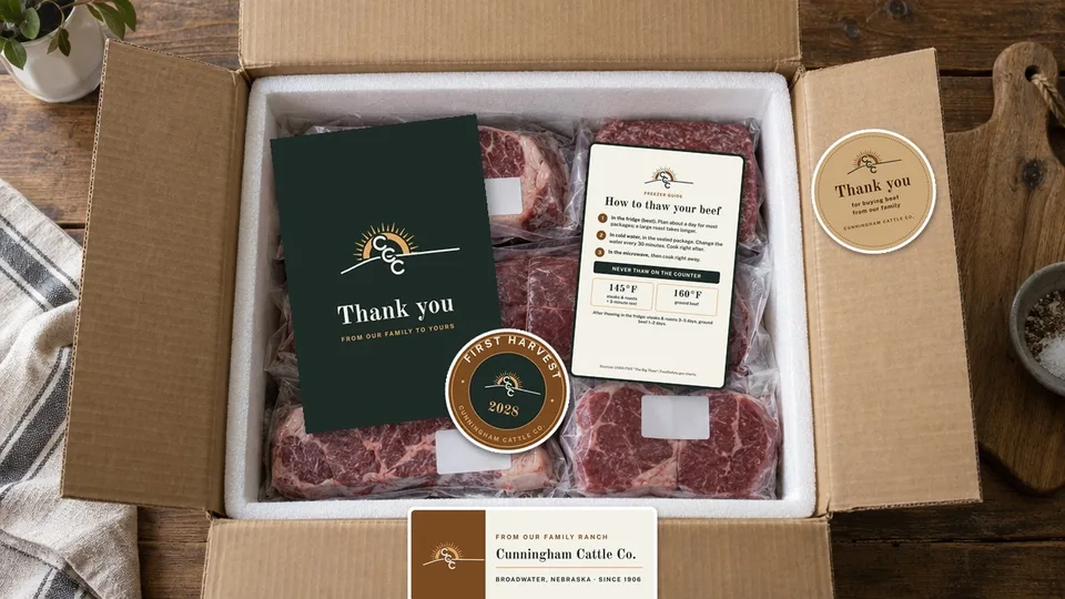 An open beef box with frozen vacuum-sealed beef, a dark green Thank you card, a How to thaw your beef freezer magnet, a First Harvest 2028 sticker, a thank-you seal and a box seal