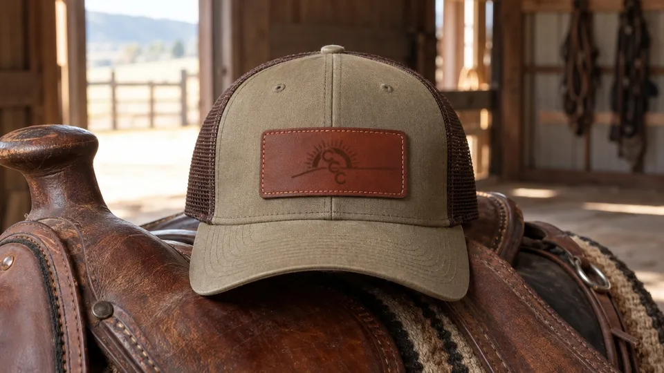 Khaki trucker cap with an engraved saddle-brown leather patch