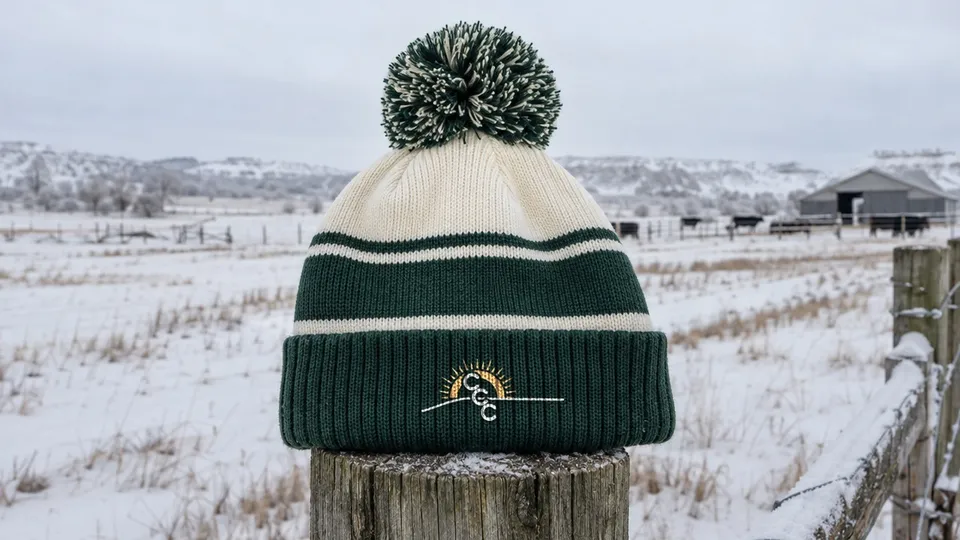 Cream and green pom beanie with the CCC sunrise logo