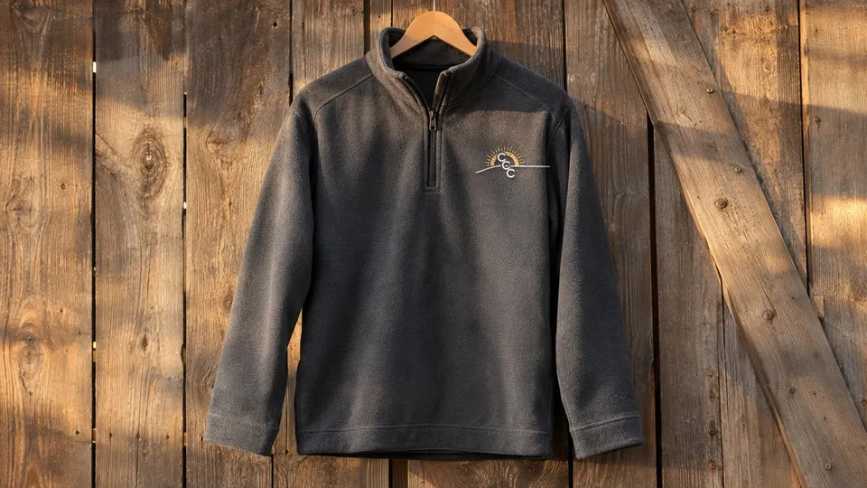 Charcoal quarter-zip with a small CCC sunrise logo on the chest