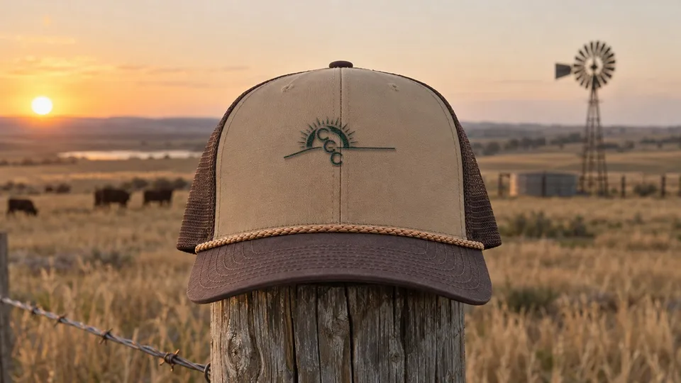 Tan and brown rope cap with the CCC sunrise logo, on a fence post at sunset