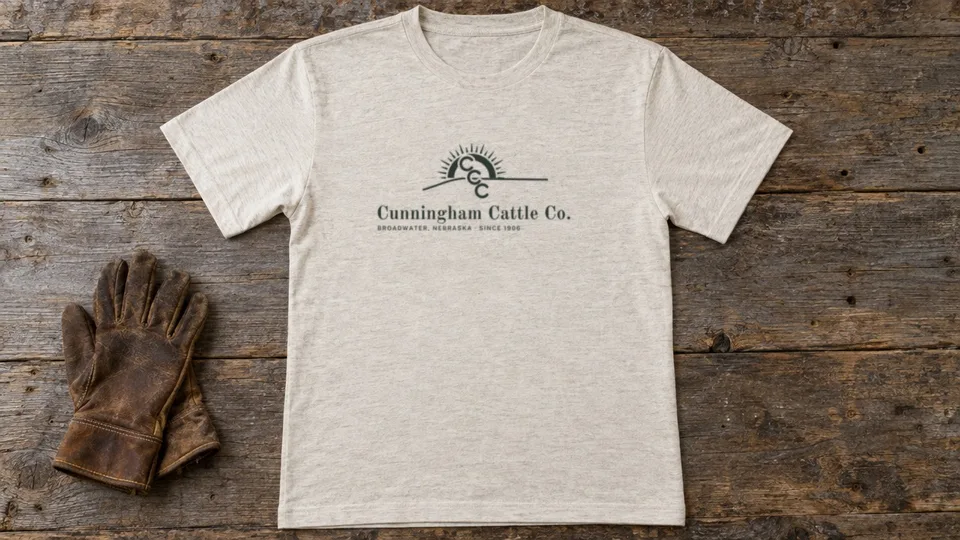 Cream t-shirt printed with the Cunningham Cattle Co. logo