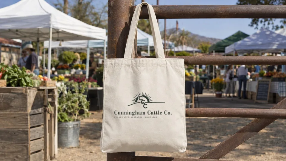 Canvas tote bag with the Cunningham Cattle Co. logo at a farmers market