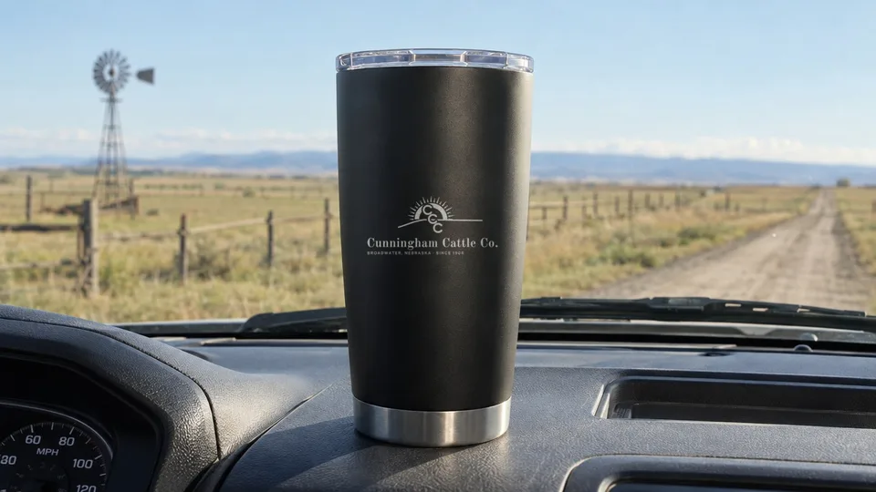 Black 20 ounce tumbler with the Cunningham Cattle Co. logo on a pickup dashboard