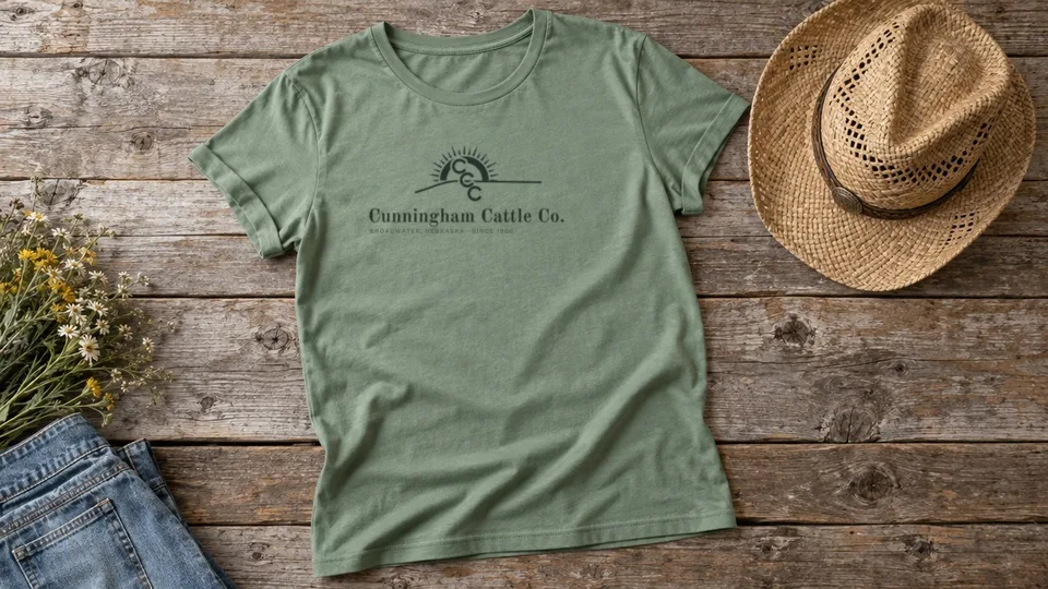 Sage green women's tee printed with the Cunningham Cattle Co. logo
